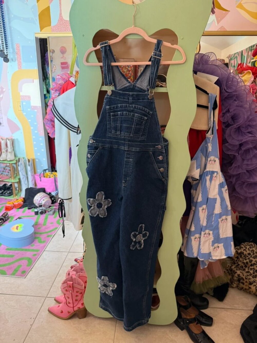 Flower denim overalls, size medium